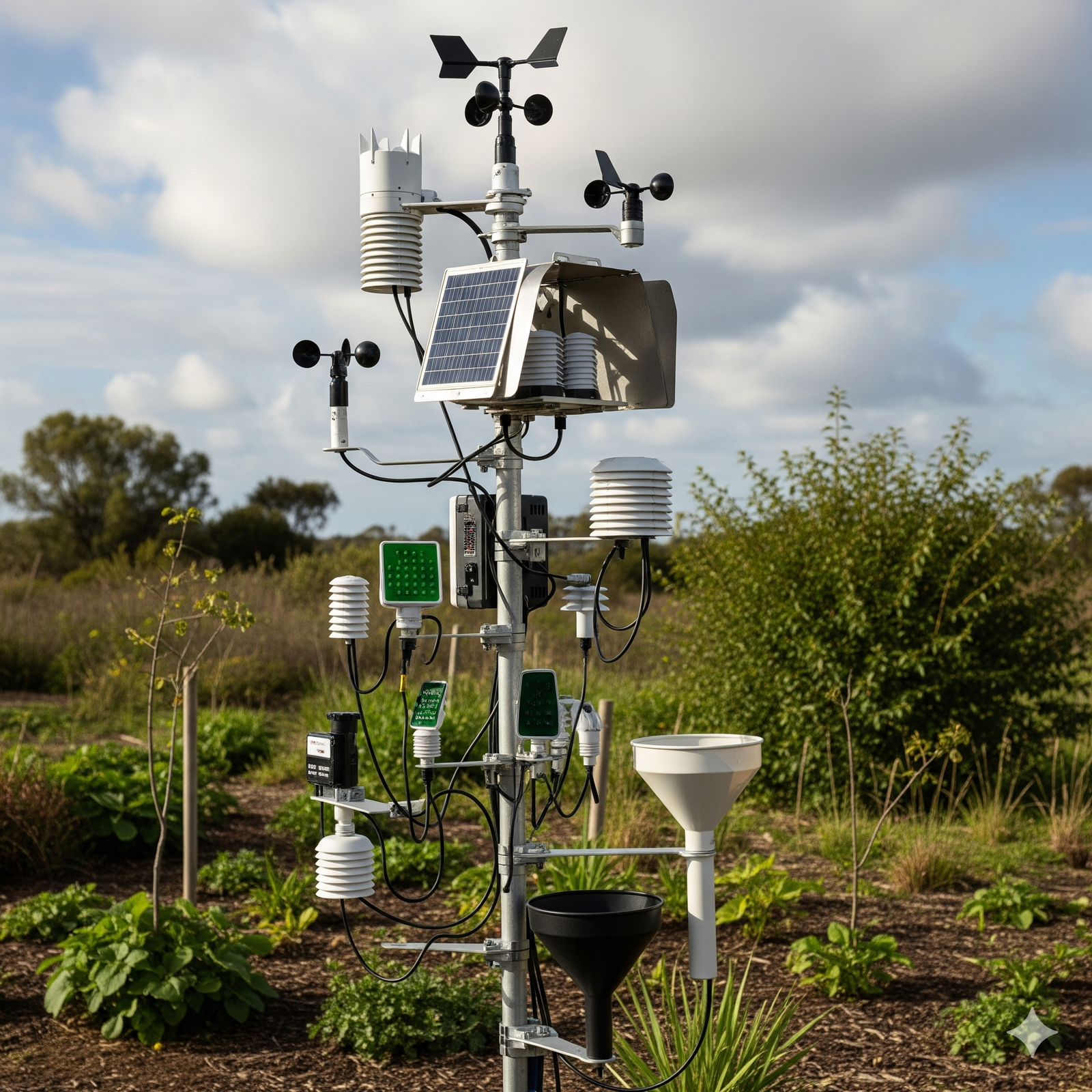 A weather station equipped with various sensors, including anemometers and rain gauges, stands in a lush, green field under a partly cloudy sky. A solar panel is mounted on the station, providing power to the devices.
