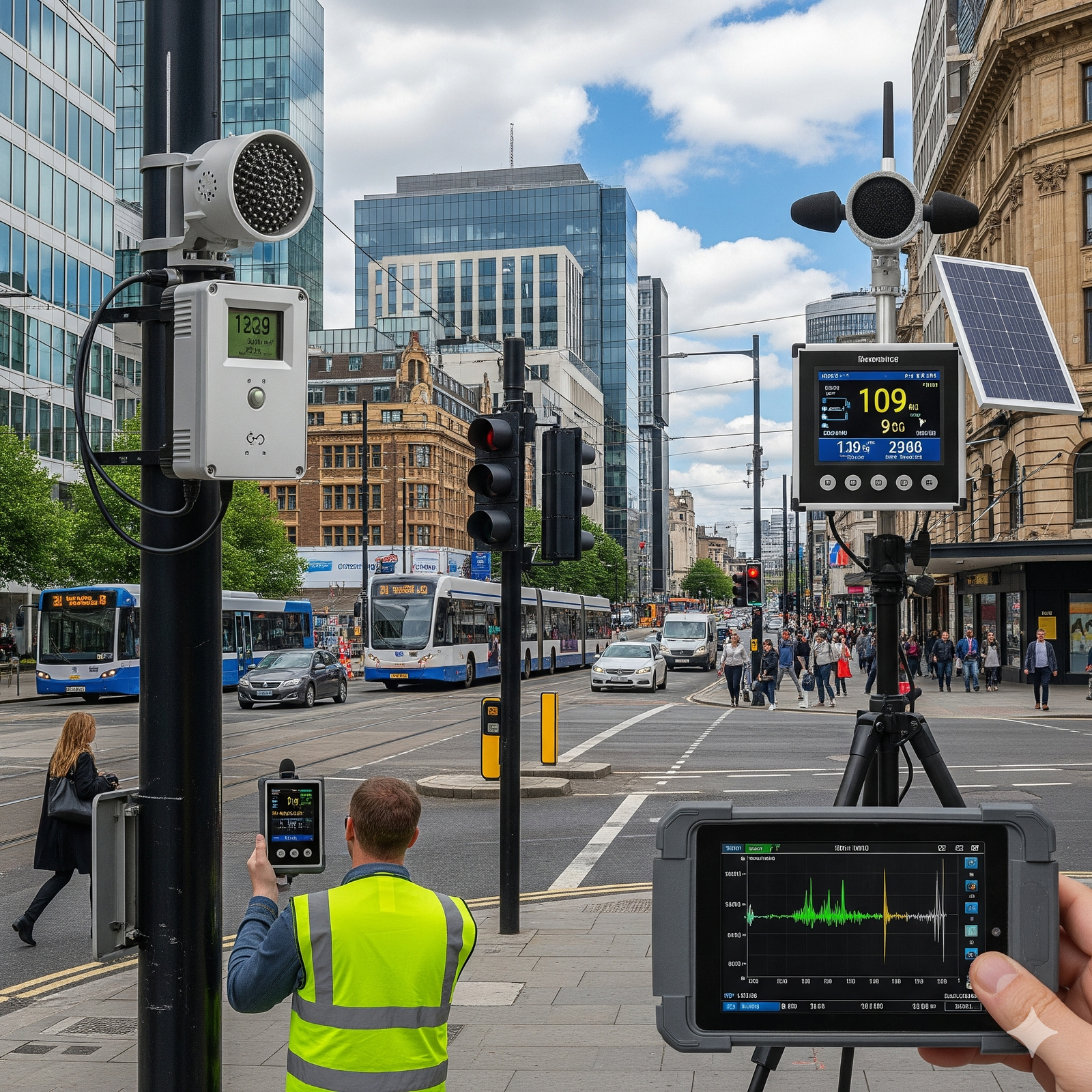 A person in a high-visibility vest operates a handheld device on a busy urban street, monitoring sound levels displayed on a screen. Nearby, a tripod supports another device with a digital readout, while buses and pedestrians move along the bustling cityscape surrounded by tall buildings.