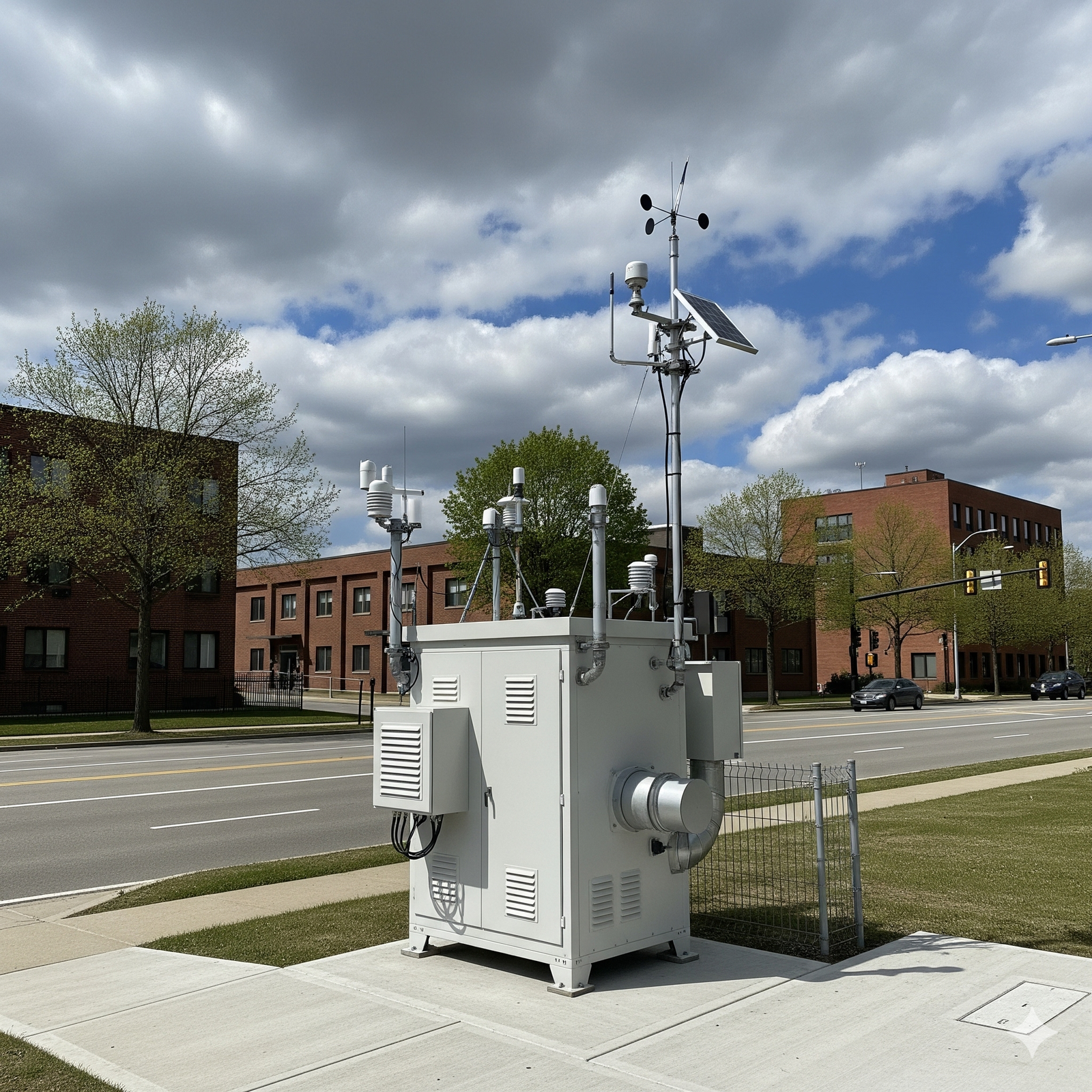 A weather monitoring station is situated on a grassy area beside a sidewalk, with buildings and a road in the background. The station features various instruments, including anemometers and solar panels, under a partly cloudy sky.