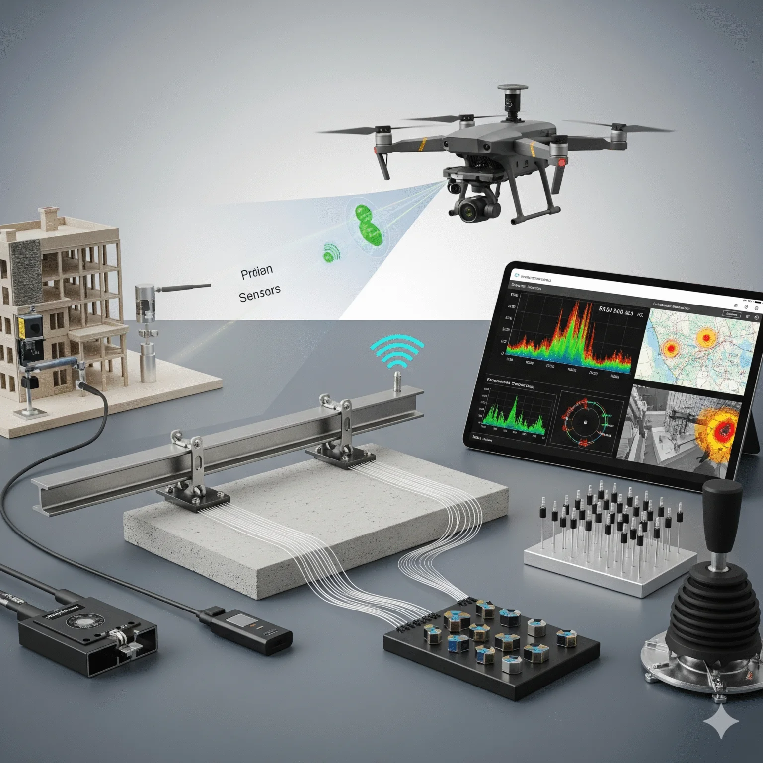 A technology setup featuring a drone hovering above with a camera, a tablet displaying data graphs, and various sensors connected to a model structure and concrete slab, illustrating a modern, integrated monitoring system.