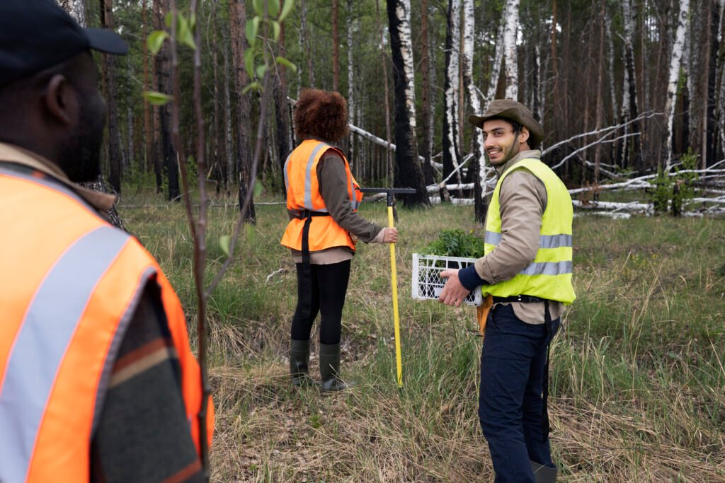 Three people wearing orange and yellow safety vests are working in a forested area. One person is holding a measuring stick, while another holds a sign. The setting is grassy with tall trees in the background.